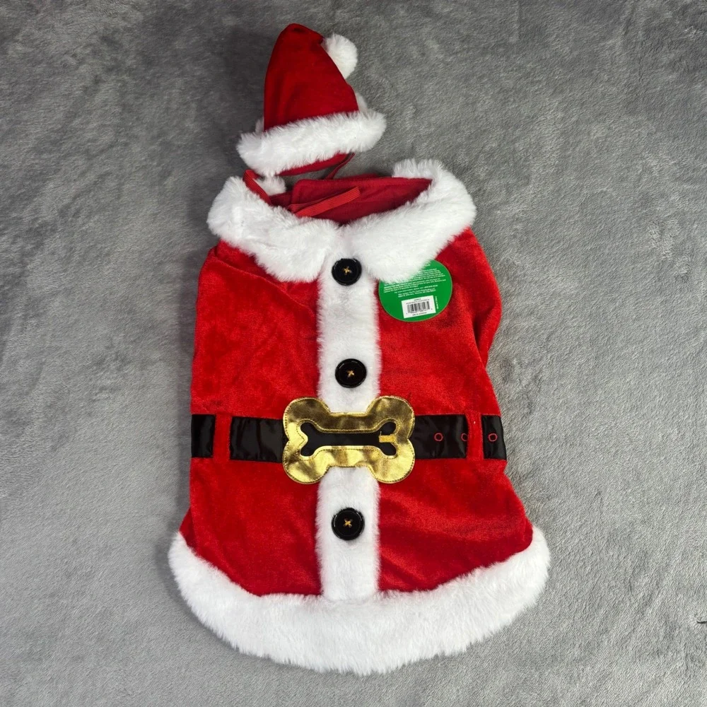 Merry & Bright Santa Dog Costume Medium Red White Faux Fur Bone Buckle Holiday